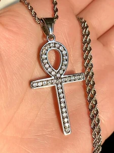 Silver Finish Ankh Pendant Necklace with Sparkling Stones and Rope Chain, 16-24 - Picture 1 of 6