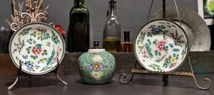 "Juego de 2 cuencos de porcelana japonesa HK ACF florales borde de peltre de 6"" + florero de colección" - Imagen 1 de 12