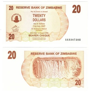 2007 Zimbabwe 20$ DOLLAR Bearer Cheque P40 Banknote UNC AA prefix - Picture 1 of 1
