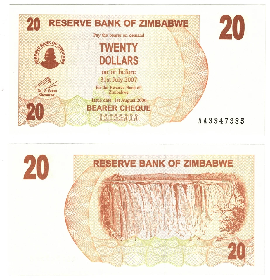 2007 Zimbabwe 20$ DOLLAR Bearer Cheque P40 Banknote UNC AA prefix - Image 1 of 1