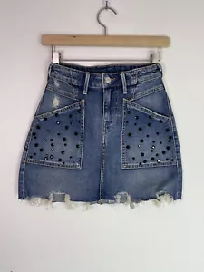 NEW True Religion Sz 25 HW Skirt With Studs Blue Denim Destroyed Distressed $79 - Picture 1 of 6