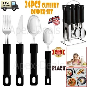 24pcs Stainless Steel Metal Cutlery Dinner Set Stand Rack Tea+Table Spoon Forks - Picture 1 of 19
