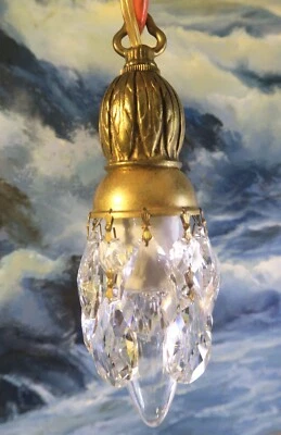 Small mini Bug Vintage Deco stl Brass bronze Swag lamp Chandelier crystal prisms - Image 1 of 4