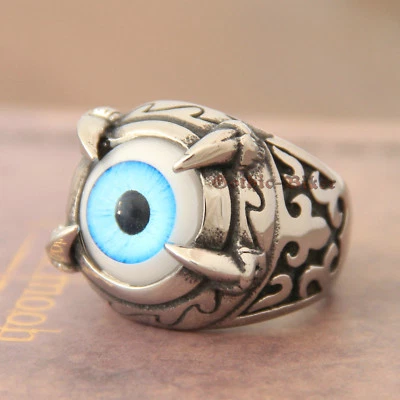 Anillo gótico azul globo de ojo malo garra de dragón anillo de acero inoxidable banda para hombre niño Foto 1 de 4