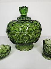 Vintage LE Smith Moon and Stars Green Glass Pedestal Compote Candy Dish 7”