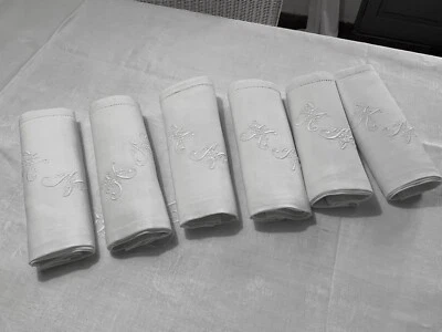 linge ancien 6 Serviettes De Mariage En Lin  Monogrammes K N Et Point Ajouré - Photo 1/4