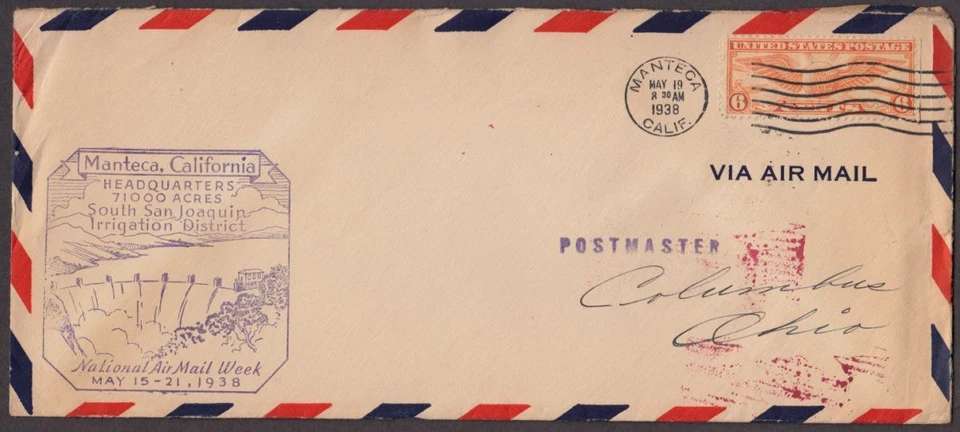 1938 National Air Mail Week NAMW Manteca California CA with cachet - Image 1 of 1