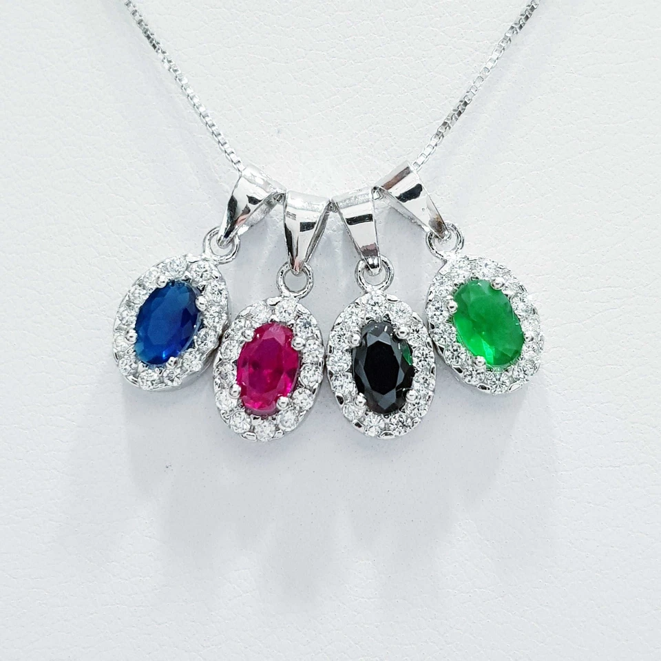 CIONDOLO OVALE in ARGENTO 925 RODIATO ORO BIANCO con GEMME MULTI COLOR - Immagine 1 di 4