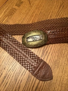 Vintage geflochtener Ledergürtel mit Messing & Steinschnalle Western Boho 100% Leder - Bild 1 von 12