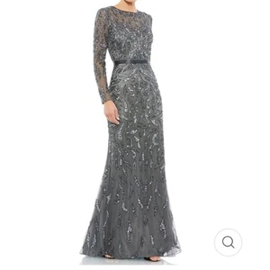 New | Mac Duggal 5124 BEADED LONG SLEEVE EVENING GOWN Charcoal 4 - Picture 1 of 7