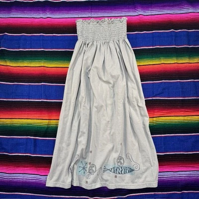 Vestido sin tirantes estampado a mano vintage de peces azules talla 1 beige arte portátil Foto 1 de 4