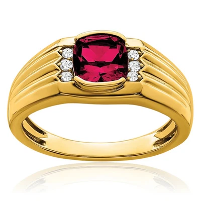 14K Solid Yellow Gold Cushion-Cut Lab Ruby Diamond Mens Ring - Image 1 of 4