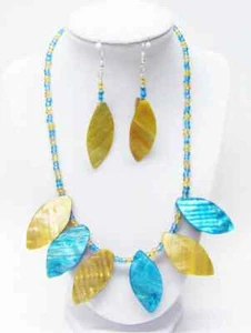 Gold/Teal Large Mother of Pearl Leaf Shell Bead Necklace/Earrings Set - Picture 1 of 5