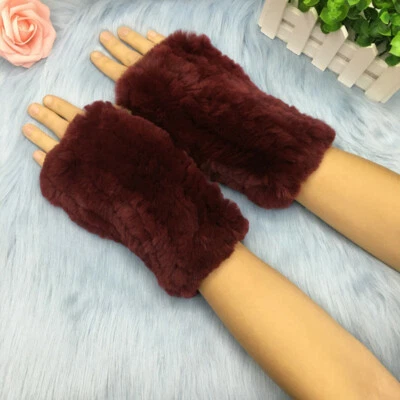 Real Rabbit Fur Gloves Fingerless Knitted Women's Gloves Warm Wrist Mittens Gift - Image 1 of 4