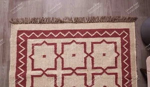 Red Color Design Handmade Off White Wool Jute Kilim Rug Natural Fringes Jute Rug - Picture 1 of 9