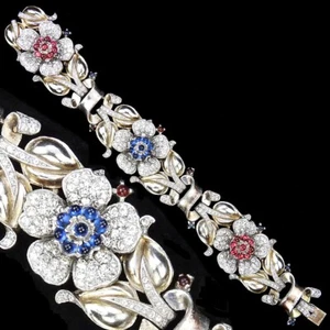 Trifari Philippe Gold Leaves Pave Sapphire Ruby Cabochons 3 Flower Bracelet - Picture 1 of 8