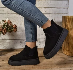 Black Slippers Snow Ankle Chelsea Boots New Platform Sole Warm Size 9UK UGG Dupe - Picture 1 of 6