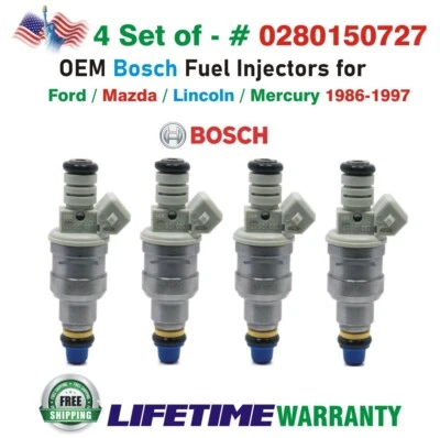 OEM x4 Bosch Fuel Injectors for 1986-1997 MERCURY/FORD/LINCOLN/MAZDA #0280150727 - Image 1 of 4