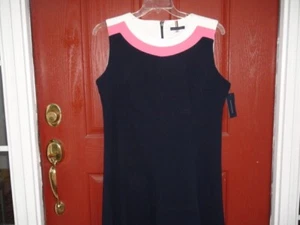 Tommy Hilfiger Dress 16 Navy/White/Pink Solid Sleeveless L 37 in not lined - Picture 1 of 6