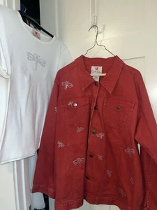 QUACKER FACTORY JEAN JACKET T-SHIRT SET DRAGONFLY JACKET EMBELLISHED WOMENS 1X - Picture 1 of 7