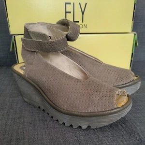 FLY London Womens Yala Perf Leather Peep Toe Wedge Sandals NEW 36 5.5 6 khaki - Picture 1 of 6