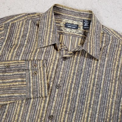 Mens Floral Paisley Stripe Button Up Shirt Large Brown Neutral Casual Structure - Image 1 of 4