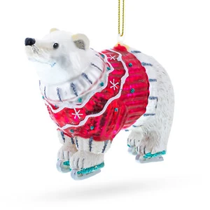 Polar Bear Wearing a Festive Sweater Blown Glass Christmas Ornament - Picture 1 of 5