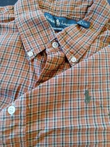 Vntg Ralph Lauren Shirt Men L Orange Check Button Down Long Sleeve Olive Pony - Picture 1 of 8