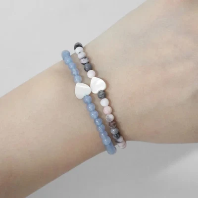 Pulsera de piedra concha de corazón para mujer 4 mm con cuentas aguamarina amatista cuarzo joyería Foto 1 de 4