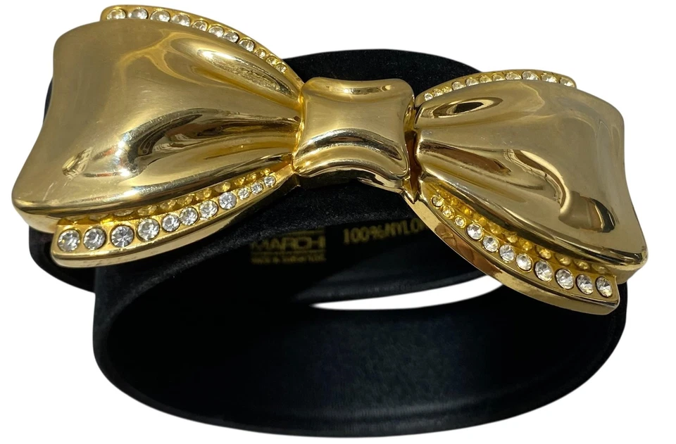 Cinturón Carla Marchi vintage para mujer pequeño negro terciopelo estrás hebilla de lazo años 80 Foto 1 de 4