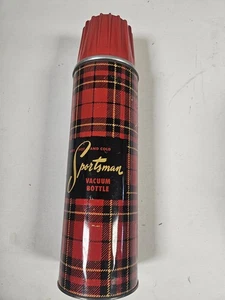 SPORTSMAN Vacuum Bottle Brand 50s 60s Red & Black Plaid thermos Vtg - Picture 1 of 4