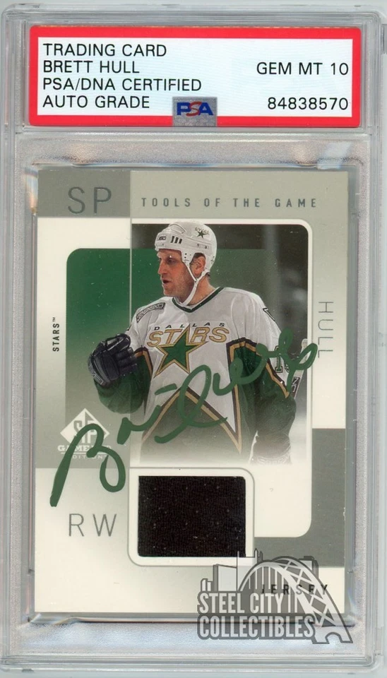 Brett Hull 2001 SP Game Used TOTT Jersey Autograph Card #BH PSA/DNA 10 (Green) - Image 1 of 1