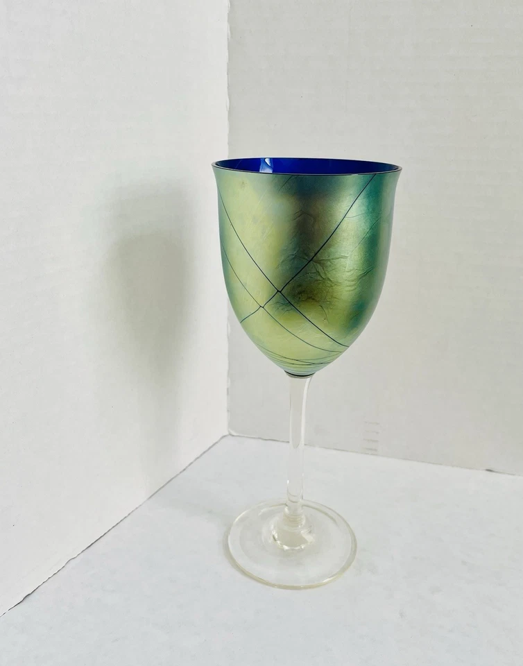 Steven Maslach-Iridescent Wine Glass Handmade Art Glass Signed 1981 - Image 1 of 4