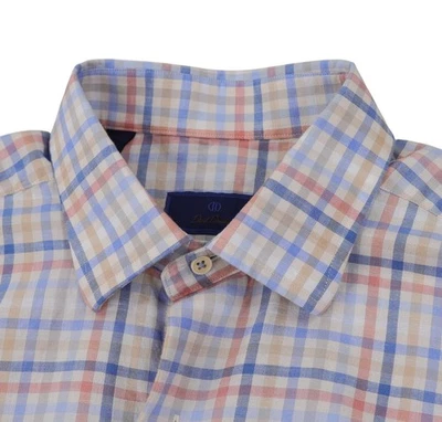 David Donahue Shirt Mens Medium Blue Pink Tan Plaid Short Sleeve Linen Blend - Image 1 of 4