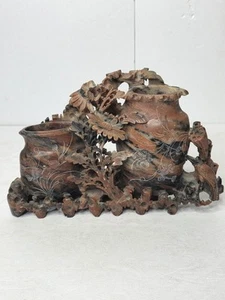 Antike chinesische handgeschnitzte braune Speckstein-Doppelvase Anfang 20. Jahrhundert - Bild 1 von 17