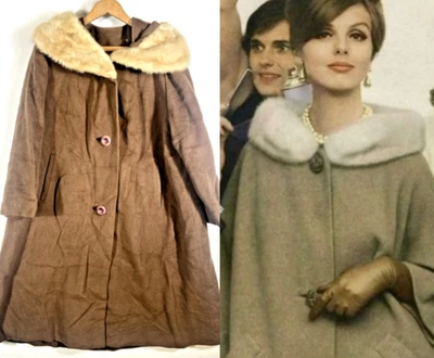 Antigo Casaco Swing de Lã Anos 1950 Gola de Pele Extra Grande Feminino Marrom Antigo Hollywood Feito pela União - Imagem 1 de 4