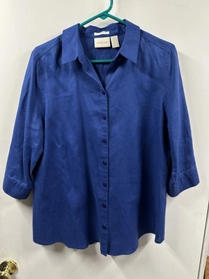 Blusa Chico's 100 % lino azul para mujer 2P Petite azul manga 3/4 abotonada Foto 1 de 4