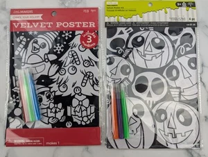 2 Kids Color-In Velvet Posters with Markers Sets Pumpkins Penguins Christmas - Picture 1 of 4