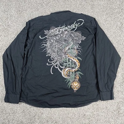 Ed Hardy Shirt Mens 2XL Black Long Sleeve Tiger Snake Tattoo Tribal Embellished - Image 1 of 4