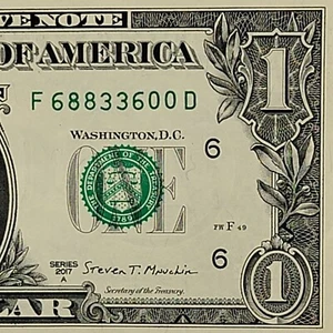 Four Pair Fancy Serial Number One Dollar Bill F68833600D FW 2017A 0s 3s 6s 8s - Bild 1 von 8