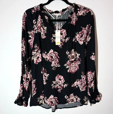 C&C California Blouse Sz M New Long Slv Black Floral Career Casual Feminine Soft - Image 1 of 4