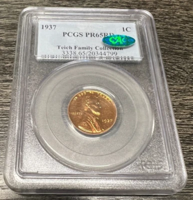 Centavo de trigo Lincoln 1937 graduación profesional PR65RD CAC y colección familiar Teich Foto 1 de 2