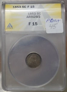 1853 SEATED SILVER HALF DIME ARROWS ANACS F15 - Picture 1 of 7