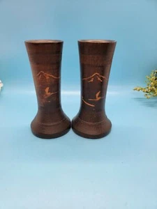 Handcrafted Wooden Candleholders Set Of 2 Etched Mountain Boat - Picture 1 of 9