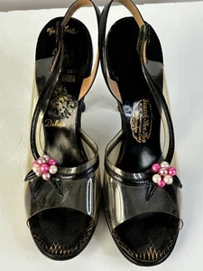 VTG 40'S-50'S PEACOCK SHOES BLACK&PINK PEARL VINYL&LEATHER SLINGBACK HEELS*6.5 N - Picture 1 of 9