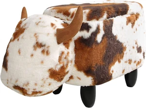 Ottoman with Storage, Foot Stand and Wooden Legs, Shorthorn Dairy Cow, Brown and - Picture 1 of 12