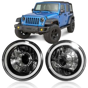 7" Round Headlights W/ White LED Halo Sealed Beam For Jeep Wrangler JK TJ