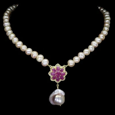 925 Sterling Silver Necklace Oval Ruby 7x5mm Pearl Sapphire Natural Gemstone 17 - Image 1 of 4