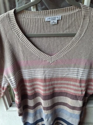 Suéter Liz Claiborne Para Mujer 2 X Azul Crema Naranja Marrón Rayas Patrón Acanalado Foto 1 de 4
