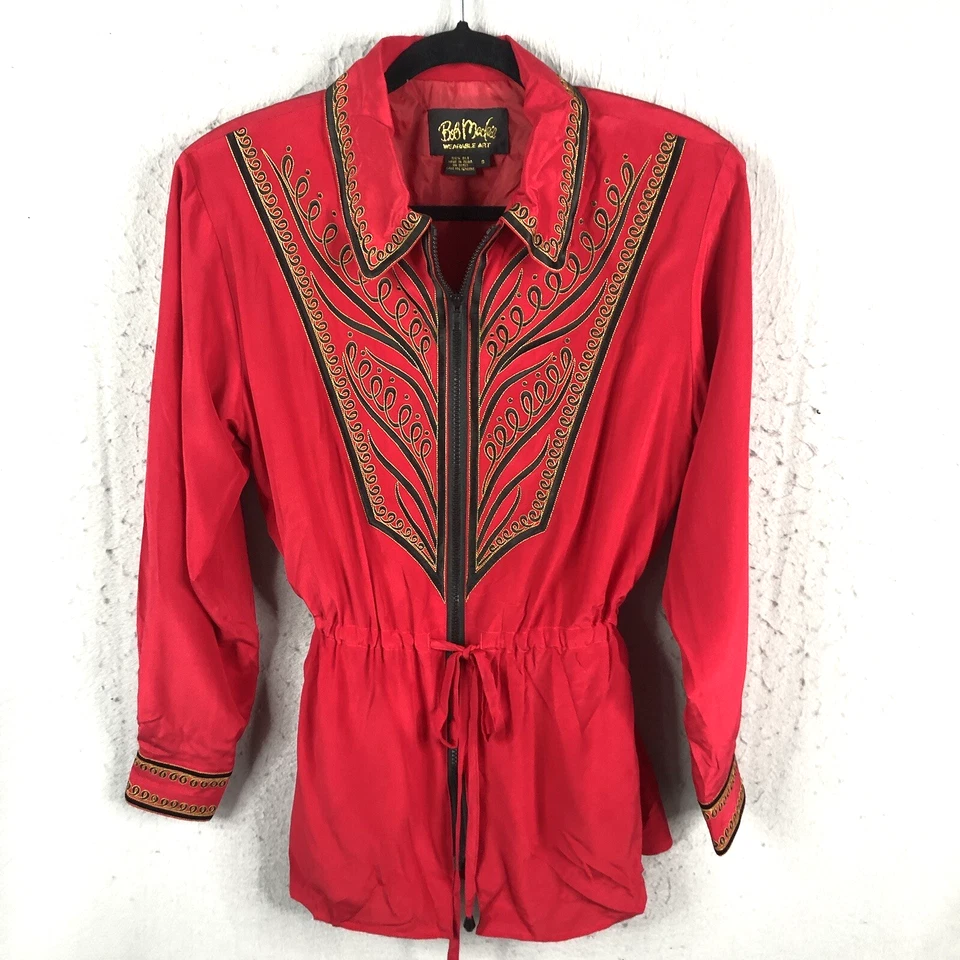 Bob Mackie Jacket Womens Small Red Black 100% Silk Art To Wear Office Event - Image 1 of 4